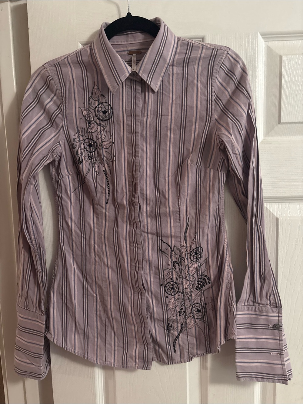 Free People button up collared blouse top striped embroidered cotton 0
